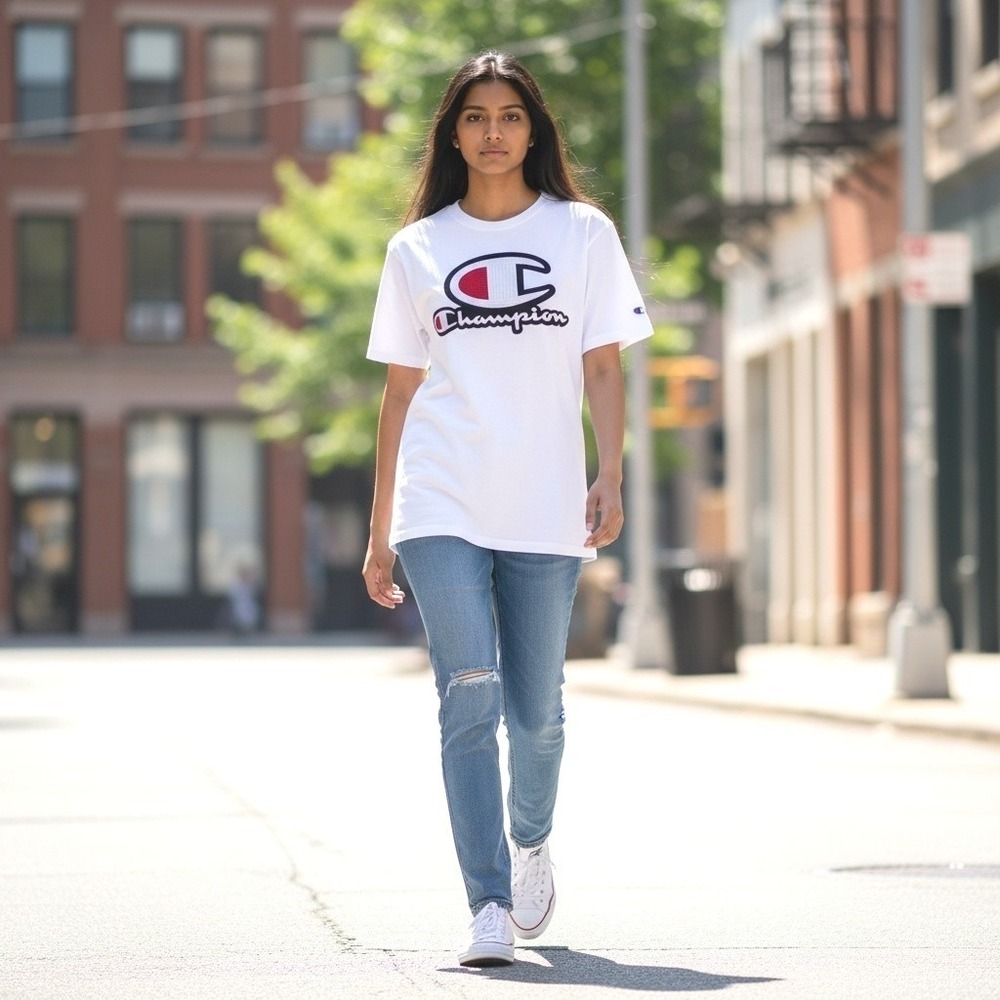 Champion Big C Logo T-Shirt White Heavyweight Cotton Sz M Retro Sportswear